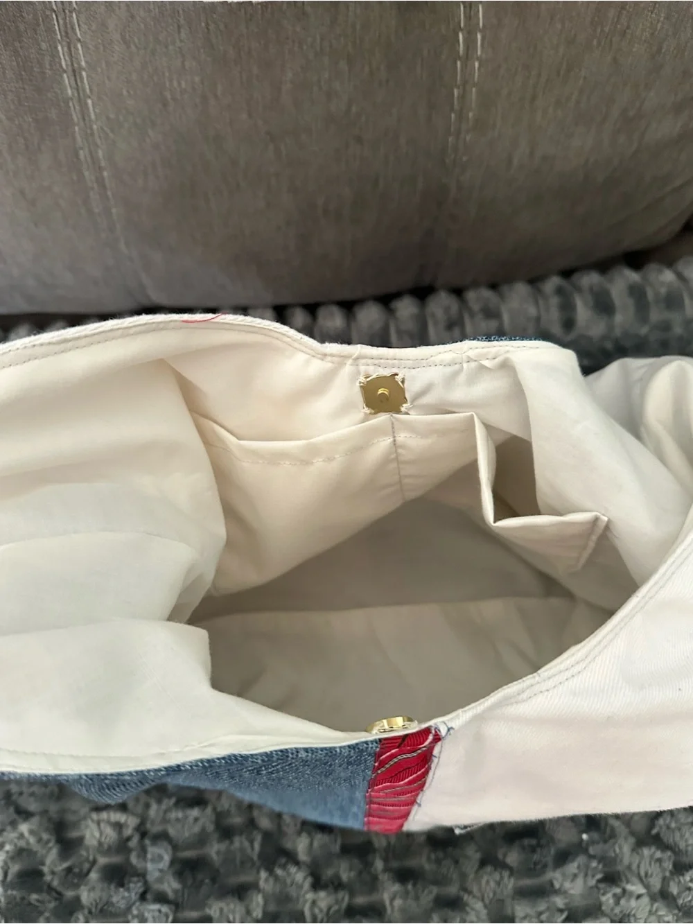 Denim & White Tote Bag with Red Stripe Accent